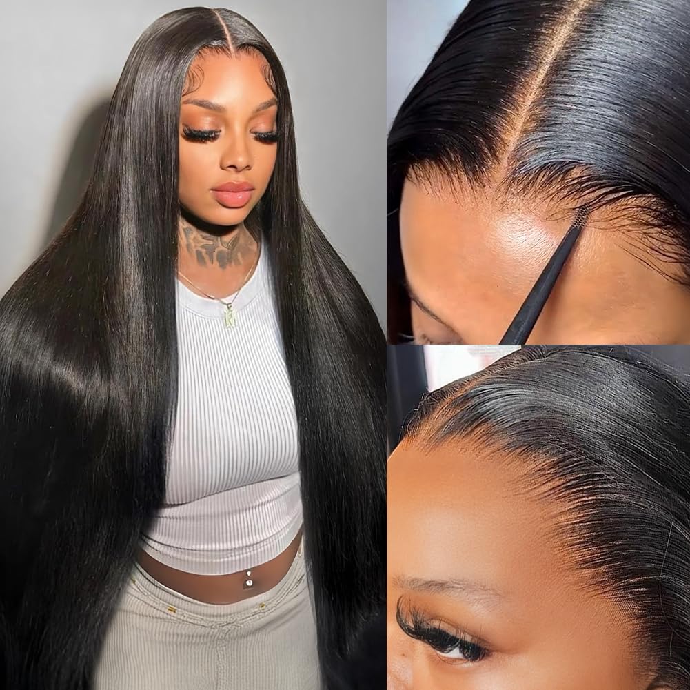 Pizazz 13x6 HD Lace Front Wigs Human Hair Pre Plucked Pre Bleached Pre Cut Glueless Wig Human Hair Upgrade Invisible Drawstring Wig with Tapes Straight 220 Density Ear-to-Ear Frontal Wigs for Women