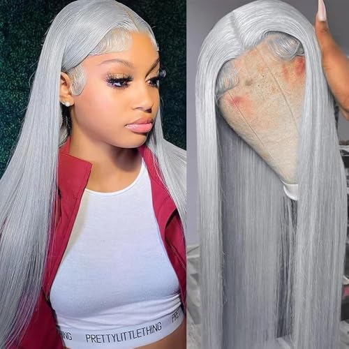 Grey Lace Front Wigs Human Hair Straight 13x4 HD Transparent Silver Grey Lace Front Wig Human Hair Wear and Go Glueless Gray Wig Pre Plucked with Baby Hair 20 Inch Lace Frontal Wigs For Black Women