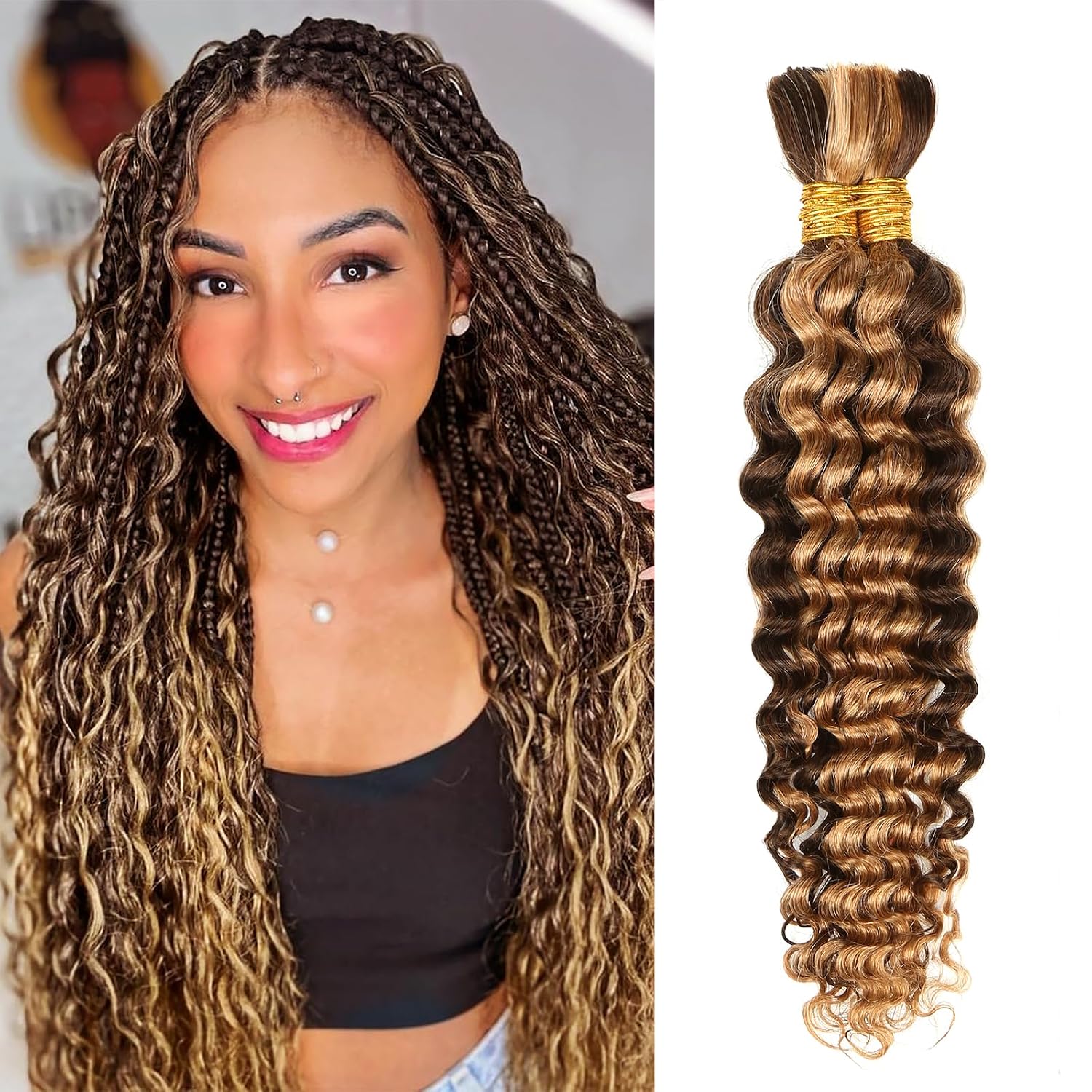 4/27 Honey Blonde Human Braiding Hair Deep Wave Bulk,Highlight No Weft Curly Hair Extensions for Boho Braids Wet and Wavy Braiding Human Hair Bundles(20inch,4/27,100g)