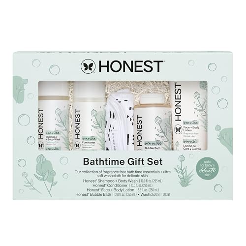 The Honest Company Fragrance Free Bathtime Gift Set | Hypoallergenic Bath Essentials for Sensitive Skin | Shampoo + Body Wash, Face + Body Lotion, Bubble Bath, Conditioner, Wash Cloth