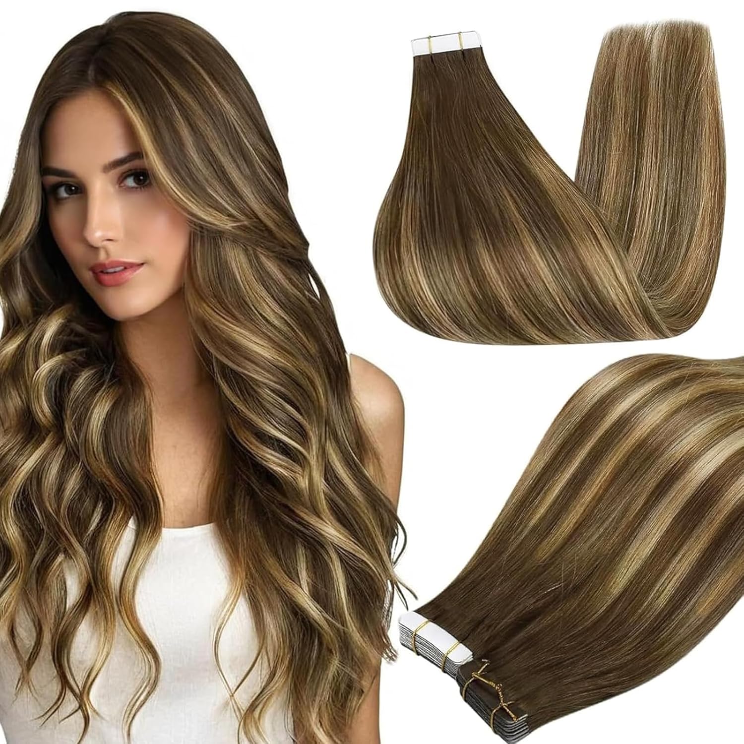 Full Shine Balayage Tape in Hair Extensions Human Hair Color 4 Brown Ombre 24 Blonde And 4 Brown Seamless Skin Weft Invisible Remy Tape in Extensions 24Inch for Women 50Gram 20Pcs Natural Straight