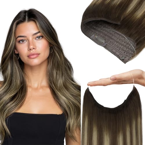 GOO GOO Wire Hair Extensions Human Hair, #4/26/4 Balayage Chocolate Brown to Honey Blonde 14inch 75g, Invisible Wire Hair Extensions with Transparent, Seamless Adjustable Fish Line Hairpiece