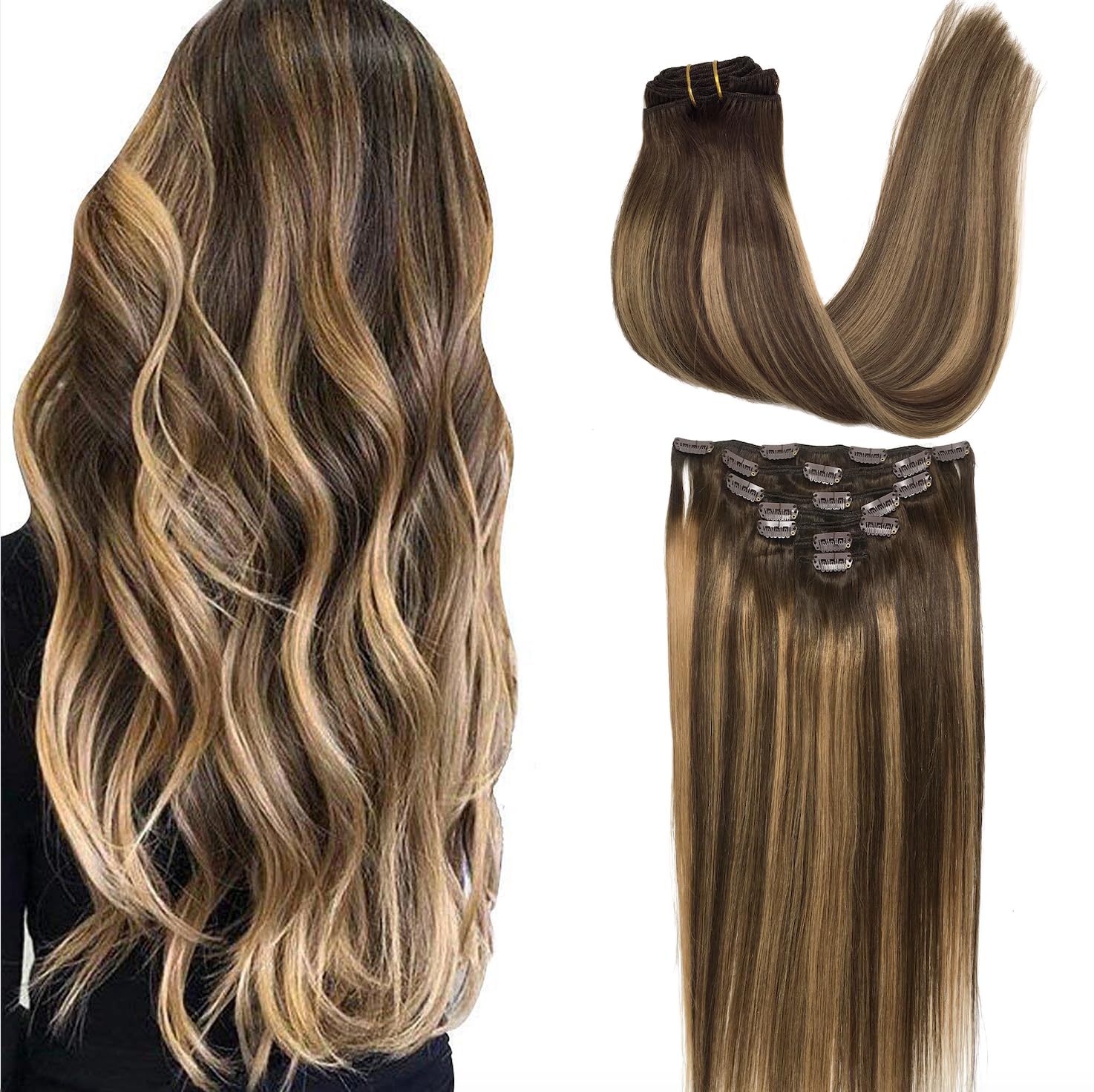 GOO GOO Clip in Hair Extensions Real Human Hair, Remy Human Hair Extensions Clip ins for Women, Natural Human Hair, 20inch 160g 7Pcs, #4/27/4 Balayage Chocolate Brown to Caramel Blonde