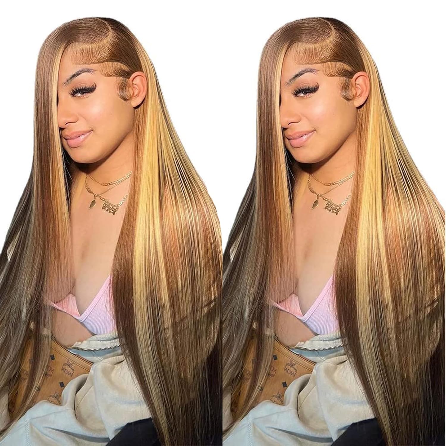 Cypha Ombre Lace Front Wig Human Hair Highlight 13x6 HD Straight Lace Front Wigs 180% Density 4/27 Colored Honey Blonde HD Lace Frontal Wigs For Women Glueless Pre Plucked with Baby Hair 30inch