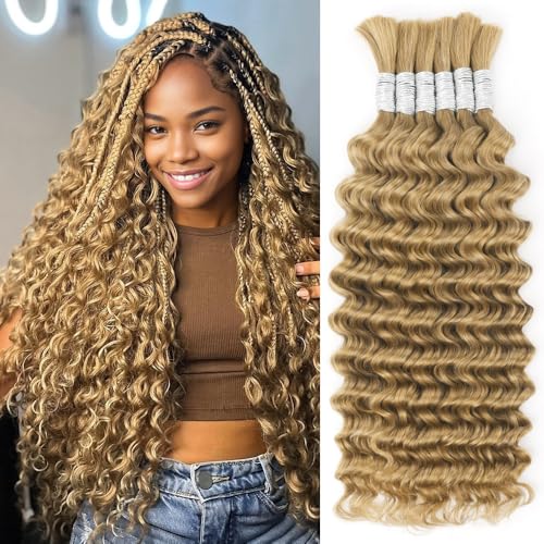 Braiding Hair for Boho Braids Deep Wave Human Hair 150g 20 Inch Curly Boho Hair for Braiding Knotless 12A Brazilian Virgin 6 Bundles/Pack Honey Blonde Wet and Wavy Human Braiding Hair 27#