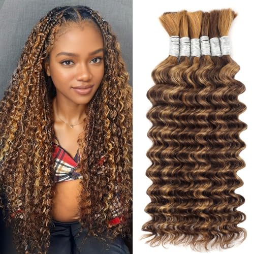 Ombre Braiding Hair Human Braiding Hair for Boho Braids Human Hair 20 Inch 6 Bundles/Pack 150g Deep Wave Bulk Human Hair for Braiding Curly Knotless 12A Brazilian Virgin Ombre Balayage 4/27