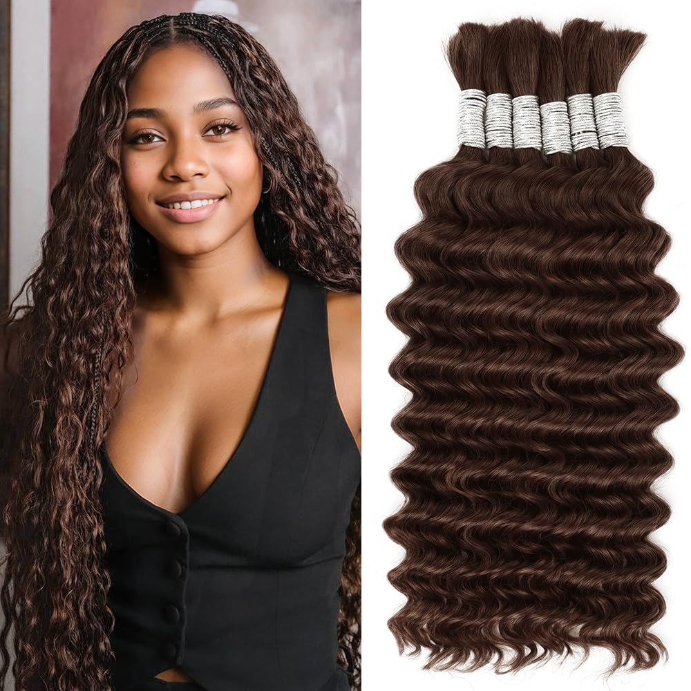 Human Braiding Hair for Boho Braids Bulk Human Hair 6 Bundles/Pack 150g 18 Inch Deep Wave Bulk Human Hair for Braiding Curly Knotless 12A Brazilian Virgin No Weft Wet and Wavy Chocolate Brown 4#