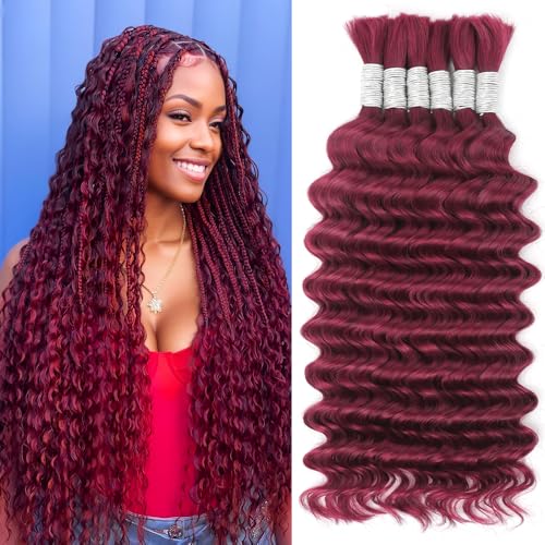 Human Braiding Hair for Boho Braids 150g 22 Inch Curly Boho Hair for Braiding Knotless Burgundy Braiding Hair Bulk Human Hair 12A Deep Wave Bulk Human Hair Bohemian 6 Bundles/Pack