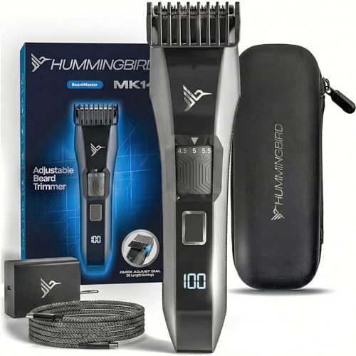 HUMMINGBIRD MK14 BeardMaster  Premium Beard Trimmer for Men, Precision Dial, Adjustable 20 Length Settings, Stainless Steel T-Blade, Cordless USB-C Rechargeable, Waterproof, LED Display, Travel Case
