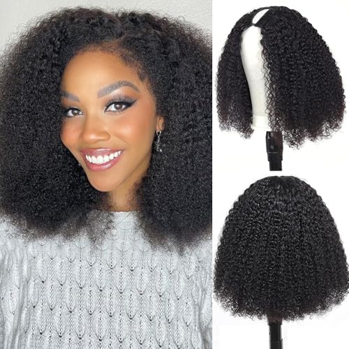 Afro Kinky Curly V Part Human Hair Wig With Drawstring For Black Women Brazilian Human Hair None Lace Front Wigs,No Sew In No Leave Out,200% Density,Natural Color, Rose Net Cap(14 Inch)
