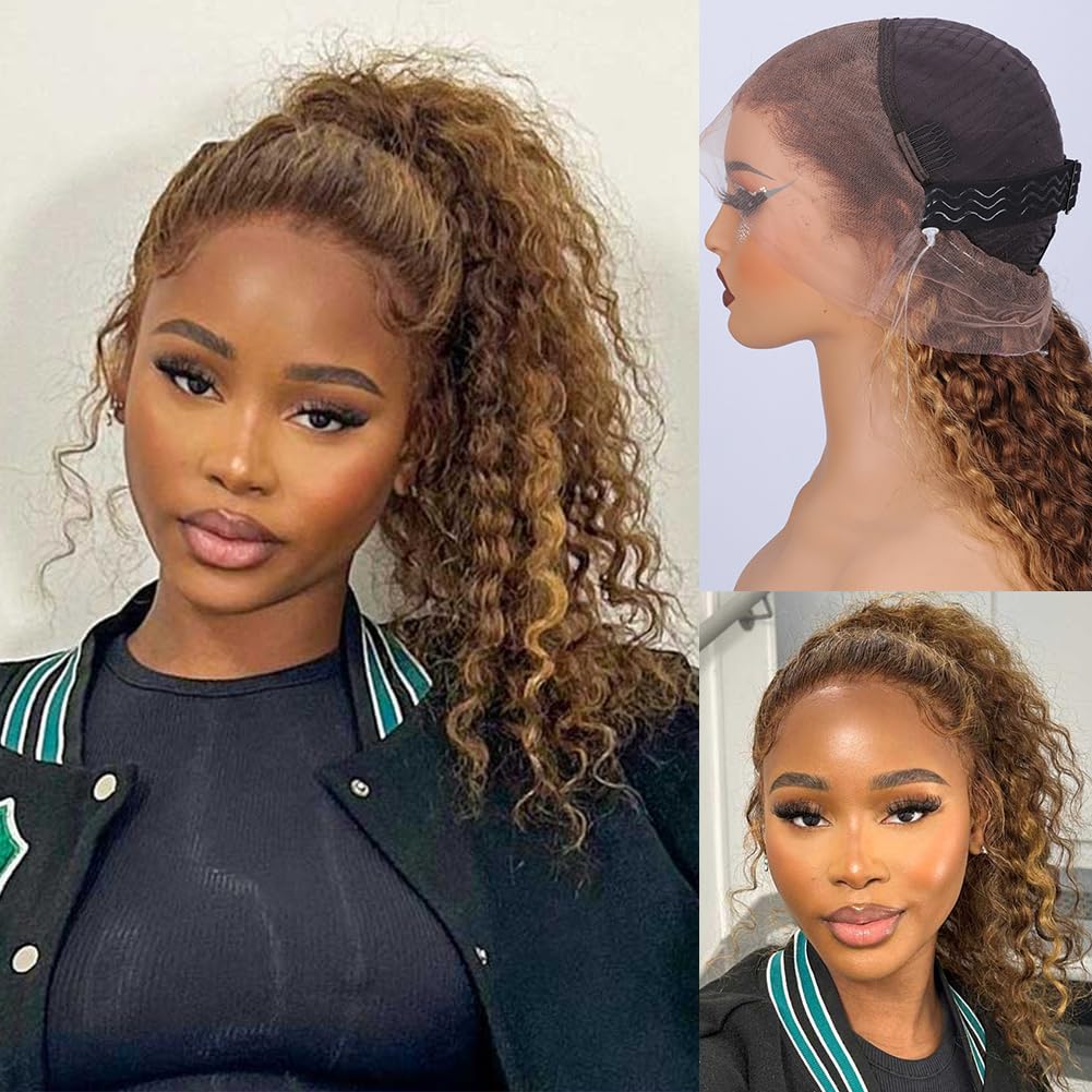 4/27 Highlight Ombre Hidden Strap 360 Drawstring Wigs Human Hair Pre Plucked Pre Bleached 180 Density Water Wave Full Lace Frontal Wig with Baby Hair 20 inch