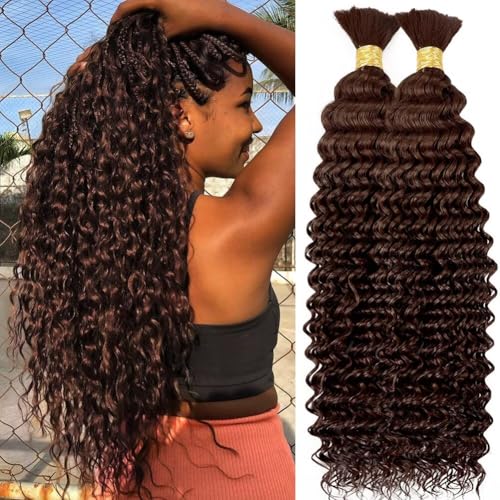 Human Braiding Hair for Boho Braids 100g 20 Inch Chocolate Brown Curly Boho Hair for Braiding Knotless 12A Deep Wave Bulk Bohemian 2 Bundles/Pack Color 4