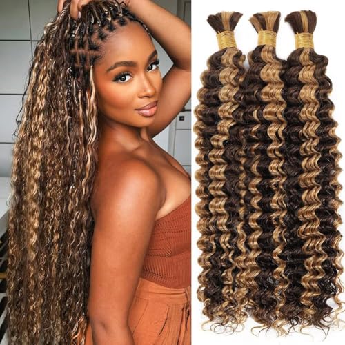 Human Braiding Hair for Boho Braids 150g 16 Inch Ombre Highlight Curly Boho Hair for Braiding Knotless 12A Deep Wave Bulk Bohemian 3 Bundles/Pack Color P4/27