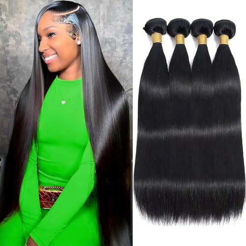 12A Human Hair Bundles 18 20 22 24 Inch 4 Straight Bundles Human Hair 100% Unprocessed Brazilian Remy Virgin Hair Extensions Raw Quick Weave Sew In Glossy Billion Hair Bundles Natural Black
