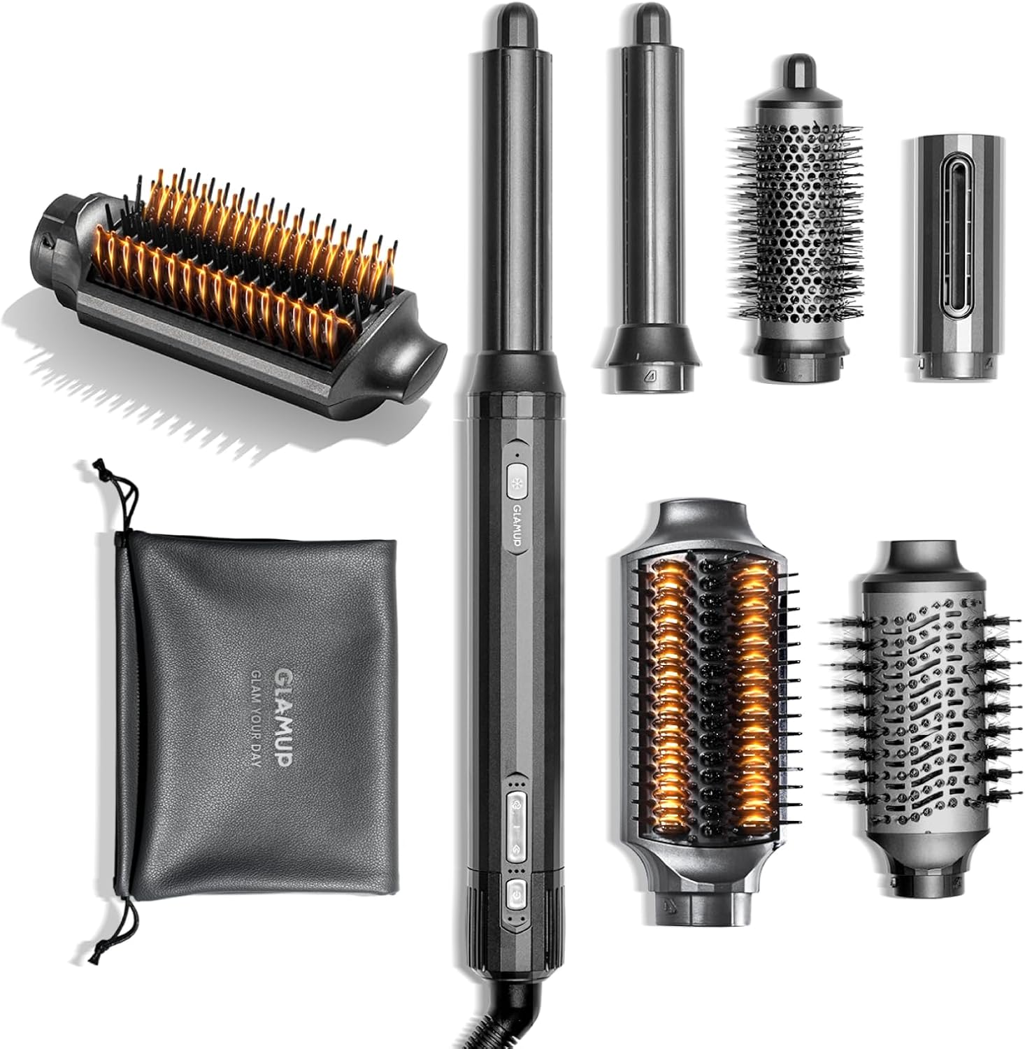 GLAMUP FusionProTM 6 in 1 Hot Air Styler- Wrap Curler & Thermal Brush Straightener, High Speed Hair Dryer, Round Brush, Volumizer, Hair Styling Gift Set with Travel Bag, Blow Dryer Brush