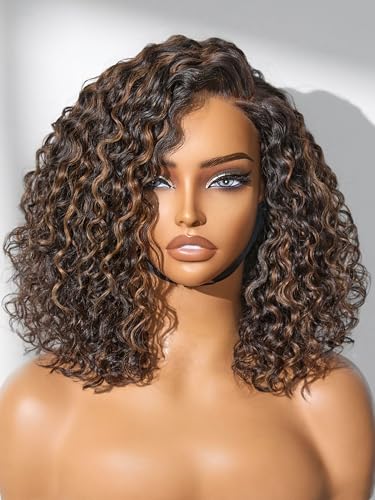 LUVME HAIR Curly Bob Wig 100% Human Hair Wigs Glueless Lace Front 200% Density 12 Inches Brown Highlights Pre Cut Plucked Hd Lace Short Wig Ready To Go Natural Color Straight Bleached Knots Side Part