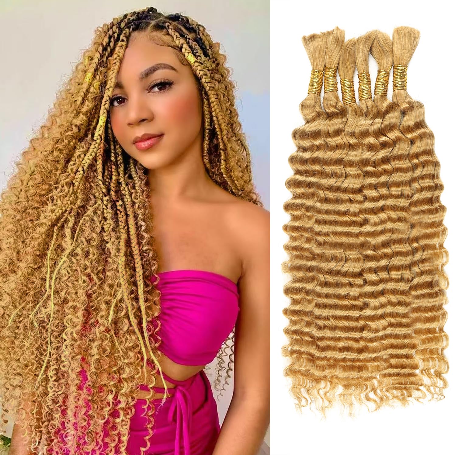 Honey Blonde Human Braiding Hair for Boho Braids,150g 18 inch 6 Bundles Blonde Deep Water Wave Bulk Boho Curly Human Hair for Braiding, 27# No Weft Wet and Wavy human Braiding Hair Extensions