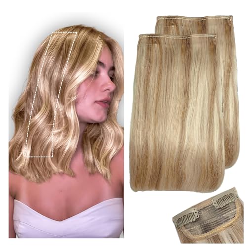 2 Pcs Short Clip in Hair Extensions, Human Hair Clip in Extensions for Women 12 Inch Light Golden Brown and Bleach Blonde