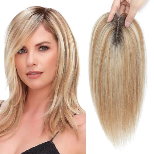 Hair Toppers for Women Real Human Hair,12 Inch Hairs Topper for Women No Bangs Top Extensions Pieces for Thinning Hairs Upgrade Lace Base Dark Roots Ombre Light Blonde