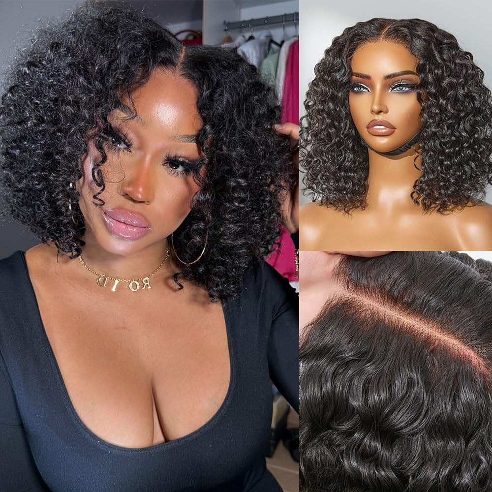 LUVME HAIR 5X5 Deep Curly 10 Inches100% Human Hair Wigs Curly Deep Wave Glueless Lace Front 10 Inches, Pre Cut Plucked Hd Lace Short Wig Ready To Go Natural Color Straight Bleached Knots Black Wigs