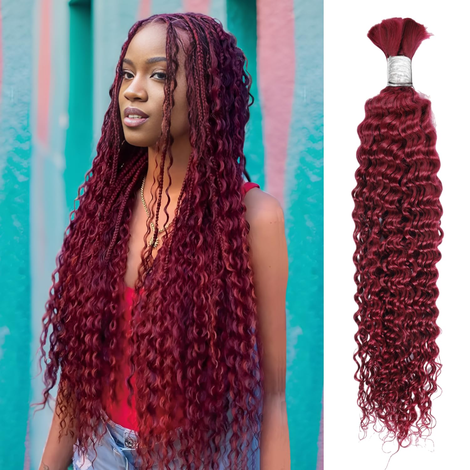 12A 99J Burgundy Red Human Braiding Hair for Boho Braids 1 Bundle 20 Inch 50g Deep Wave Braiding Hair for Bohemian Knotless Braids 100% Unprocessed Brazilian Virgin Bulk Hair Extensions No Weft
