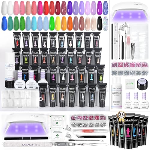 SAVILAND Poly Gel Nail Kit for Beauty Gift: 36 Poly Gel Nail Colors with Slip Solution Mini U V Lamp Curing Light All-in-1 Starter Kit for Quick Extension Home Salon DIY, Manicure Set Supplies Tools