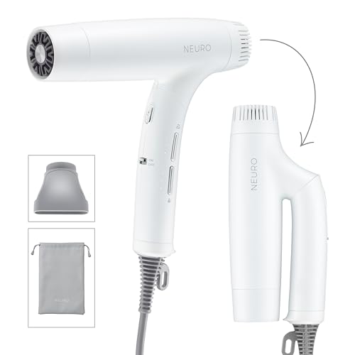 Neuro by Paul Mitchell Dry+ Folding Professional Travel Hair Dryer with Storage Bag, Lightweight + Portable, Black for Domestic Use, Pearlescent White with Auto Dual Voltage for International Travel
