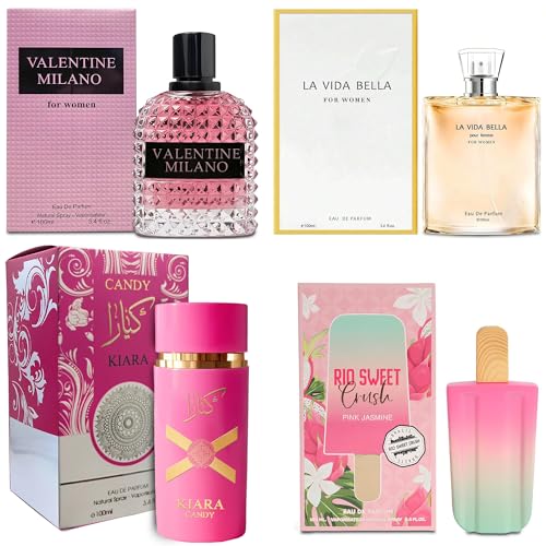 4 Piece Women Perfume Set RIO Sweet Crush Jasmine/Valentine Milano/La Vida Bella/Ka Candy Eau de Parfum, Women's Fragrance Sets with Luxury Gift Box for Daily Use