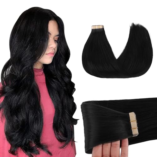 GOO GOO Tape in Hair Extensions Human Hair, 1 Jet black, 28inch 60g 20pcs, Skin Weft Seamless Invisible, Silky Straight with Thick Ends, Remy Human Hair