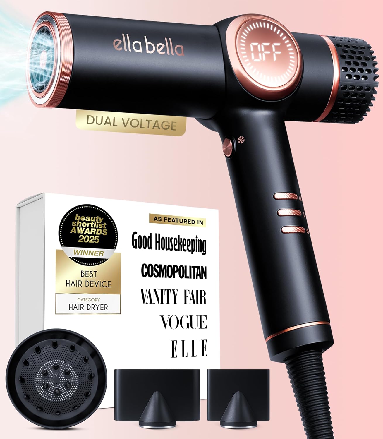 ELLA BELLA Professional Ionic Hair Dryer with Diffuser  Dual Voltage Negative Ion Blow Dryer  Suitable All Hair Types  Intelligent Heat Control & Rapid Drying Speeds  Lightweight Design Low Noise