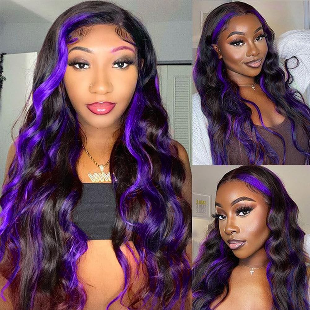 13x6 Highlight Purple Ombre Human Hair Wigs for Women 180% Density 13x6 Lace Frontal Black and Purple Lace Front Wigs Human Hair Body Wave Skunk Stripe Glueless Wig Pre Plucked (20inch)