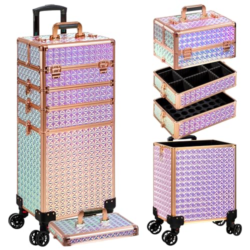 AROUS 5 in 1 Rolling Makeup Train Case Cosmetology Case on Wheels Large Cosmetic Organizer Travel Cart for Hairstylist Artist Nail Beauty Salon Barber,Colorful