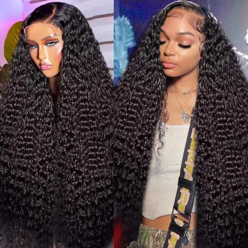 WINOW Deep Wave Lace Front Wigs Human Hair Pre Plucked 180% Density HD Transparent 13x4 Lace Frontal Wigs For Women Human Hair Lace Front Wigs Deep Curly Lace Front Wig (32 INCH)