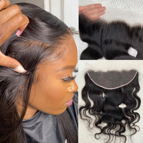 13x4 Lace Frontal Body Wave, Invisible HD Transparent Swiss Lace Frontal Pre Plucked with Baby Hair 12A Grade Brazilian Human Hair with Small Single Knots Free Part 22 Inch