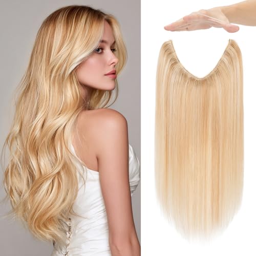 Halo Hair Extensions Real Human Hair Invisible Wire Extensions with Transparent Fish Line Adjustable Size Ash Blonde & Bleach Blonde 16 inch