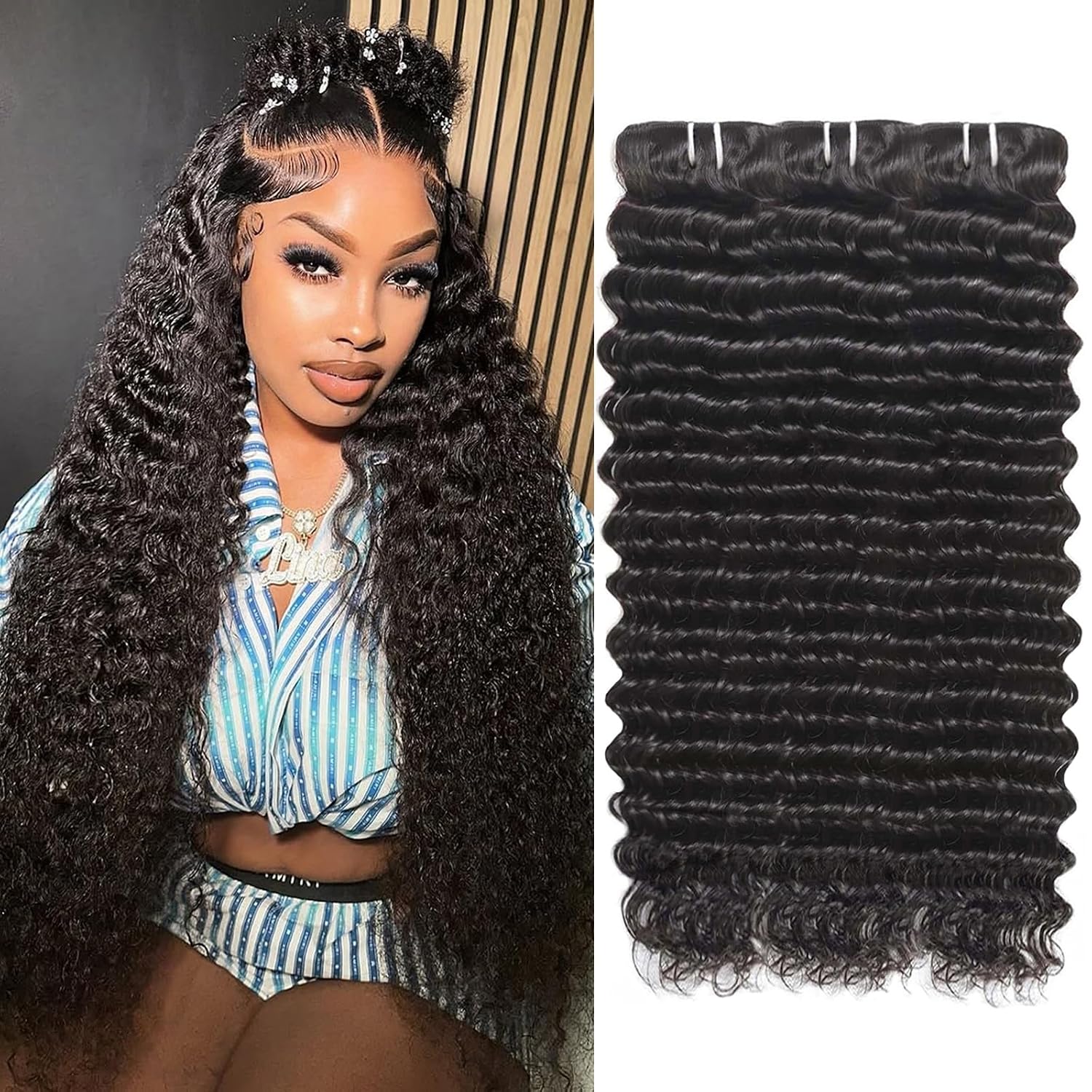 Great Grace 12A Deep Wave Human Hair Bundles 20 22 24 Inch Curly Bundles Human Hair 100% Unprocessed 3 Bundle Brazilian Virgin Human Hair Extensions Quick Weave Natural Black Color