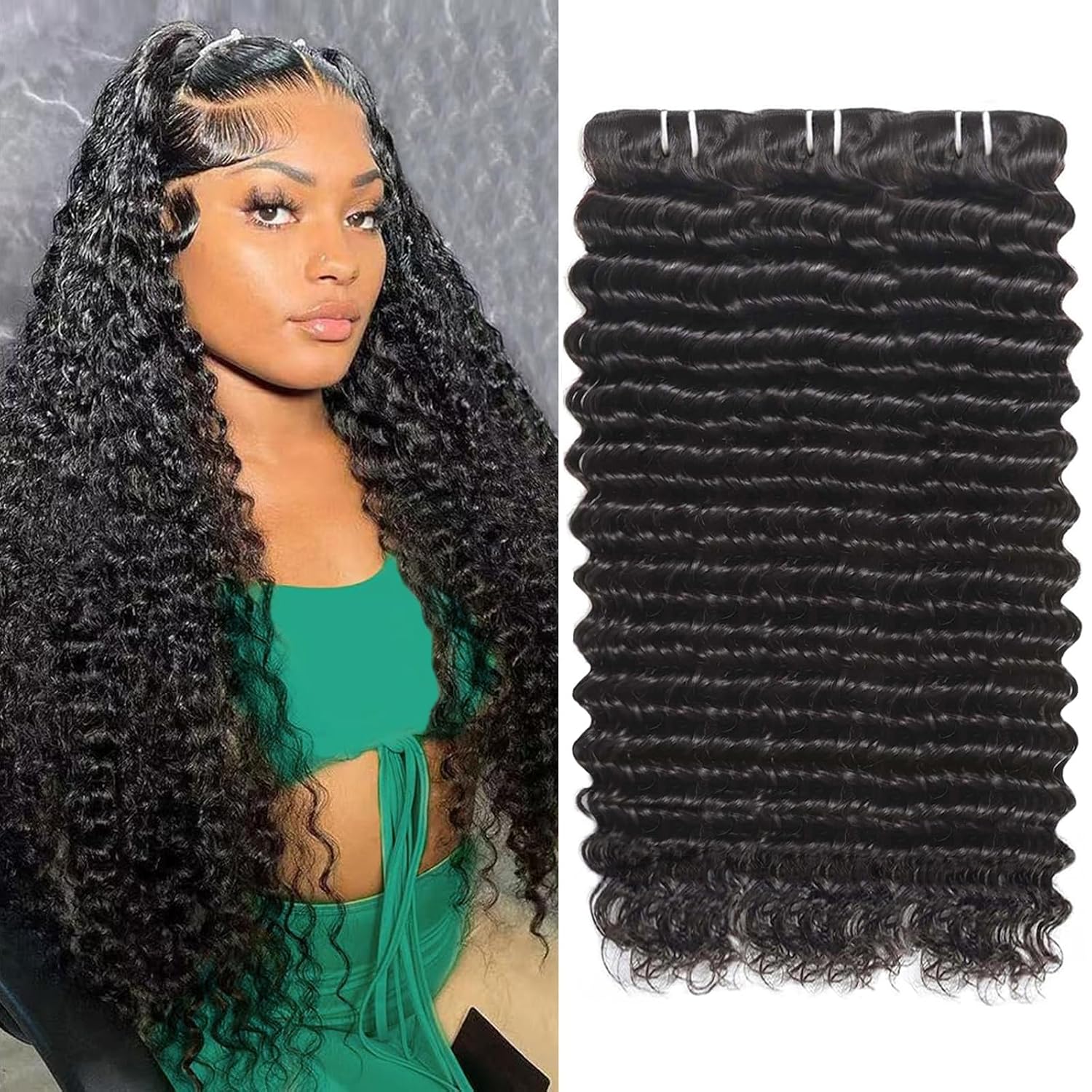 12A Deep Wave Human Hair Bundles 16 18 20 Inch Curly Bundles Human Hair 100% Unprocessed 3 Bundle Brazilian Virgin Human Hair Extensions Quick Weave Natural Black Color