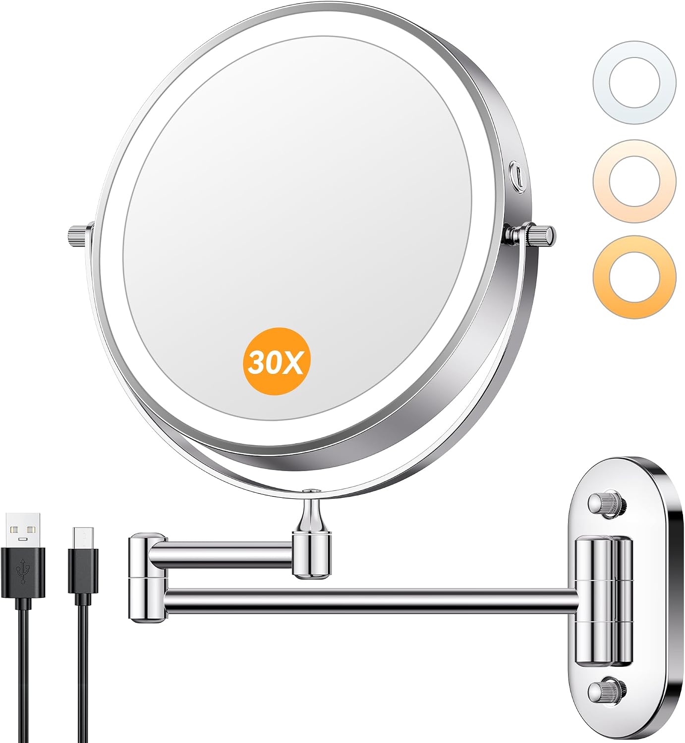 1X/30X Wall Mounted Makeup Mirror with Light, 8" Rechargeable Double-Sided Magnifying Mirror, Vanity Mirror Dimmable 3 Color Light, 360 Extension Rotation Foldable 14.5 Inch Arm, Chrome