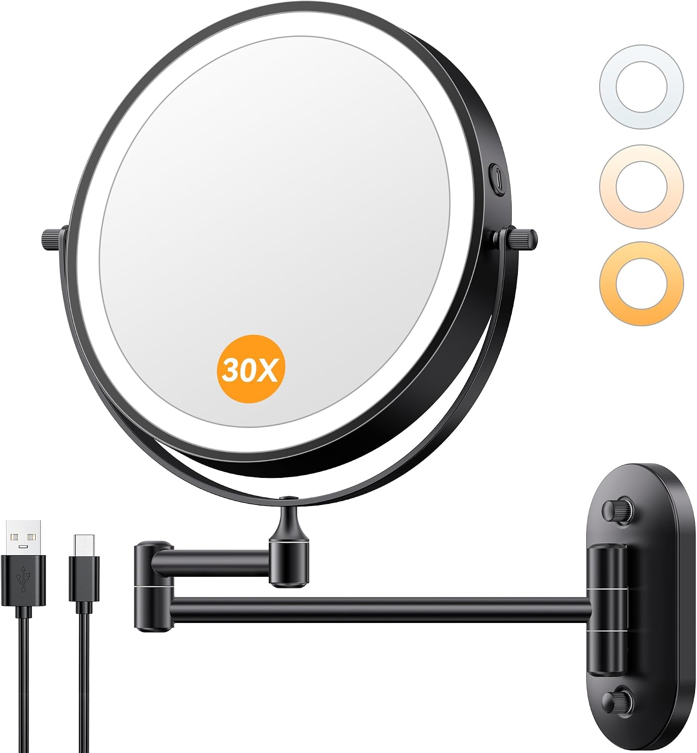 1X/30X Wall Mounted Makeup Mirror with Light, 8" Rechargeable Double-Sided Magnifying Mirror, Vanity Mirror Dimmable 3 Color Light, 360 Extension Rotation Foldable 14.5 Inch Arm, Black