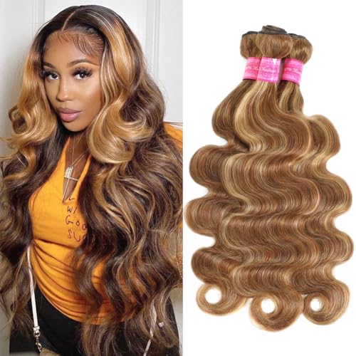 12A Highlight Body Wave Bundles Human Hair 100% Unprocessed Brazilian Virgin Hair Honey Blonde Ombre Wet and Wavy 3 Bundles(22 24 26 inch) for Black Women Double Weft