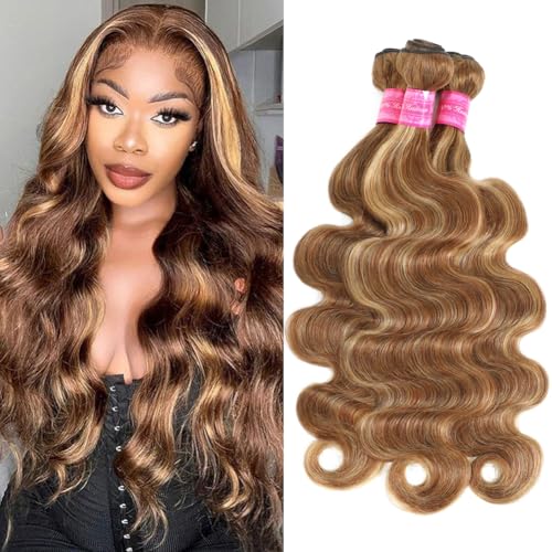 P4/27 Highlight Body Wave Human Hair Bundles 12A Brazilian Virgin Ombre Honey Blonde Human Hair Natural Wave Bundles (16 18 20 inch) for Black Women Double Weft