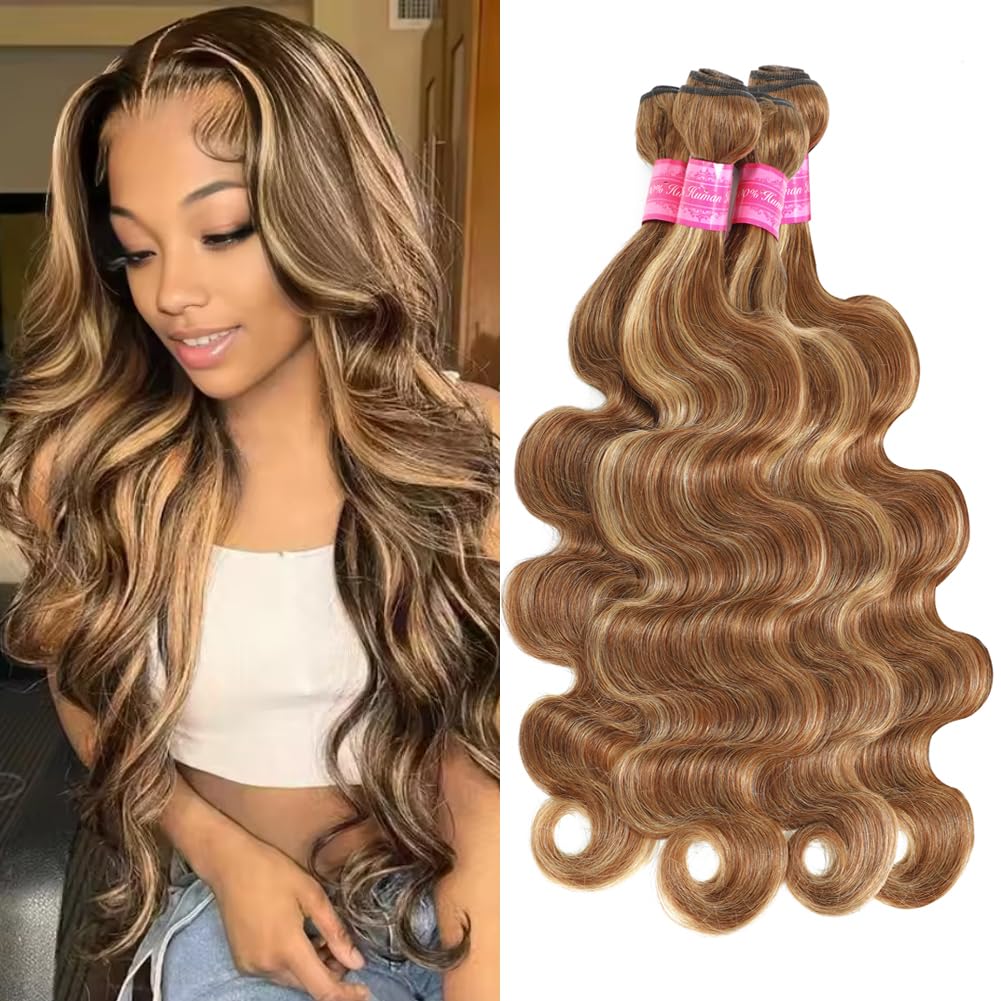YISEA Highlight Bundles Human Hair Body Wave (14 16 18 20 inch) 4/27 Ombre Blonde Brown Human Hair Body Wave Bundles Natural Brazilian Virgin Hair for Black Women