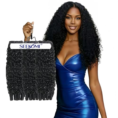 Seekomi Burmese Curly Human Hair 3 Bundles 16 18 20 Inch 100% Virgin Water Curly Bundles Human Hair with Spiral Ends Double Weft Quick Weave for Women, Natural Black Color, 300g