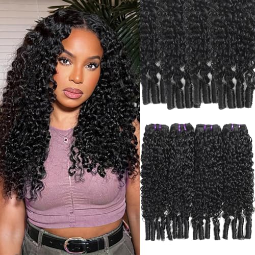 Seekomi Water Curly Bundles Human Hair with Spiral Ends 14 16 18 20 Inch 100% Virgin Burmese Curly 4 Bundles Human Hair Double Weft Quick Weave for Women, Natural Black Color, 400g