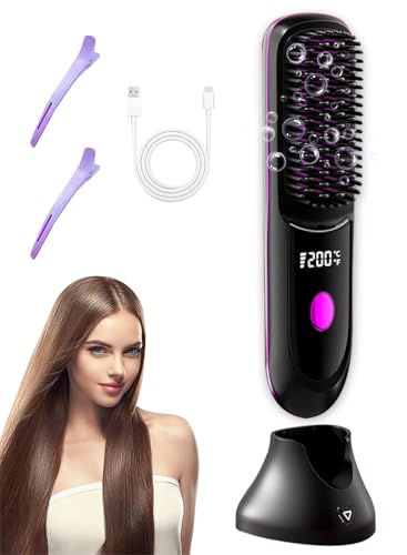 Go Brush Pro Hair Straightener  Cordless Comb with Negative Ion, 7400mAh Fast Heating & Portable Travel Design, Rechargeable Brush for Straightening and Curling (Black-1Pcs)