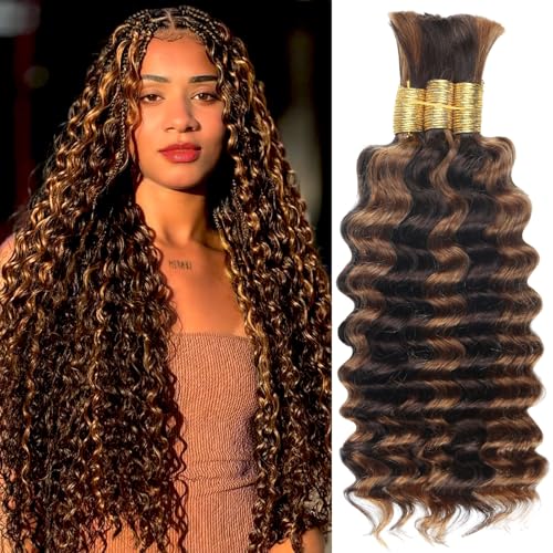 Human Braiding Hair for Boho Braids,150g 18 Inch 3 Bundles Highlight Deep Water Wave Bulk Boho Curly Human Hair Bundle for Braiding,4/30 Ombre No Weft Wet and Wavy Knotless Braiding Hair Extensions