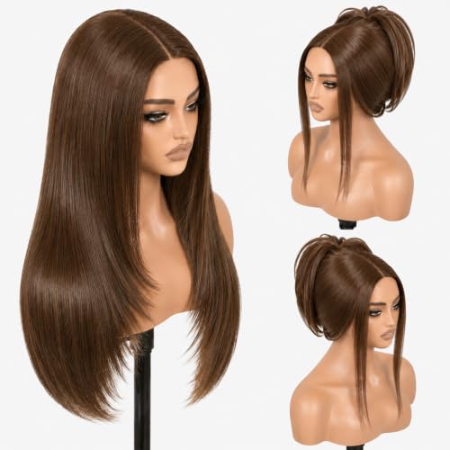 NOSTALGIA Brown Wear and Go Glueless Wigs Pre Plucked Pre Cut for Beginners Synthetic Lace Front Wigs For Woman Long layered Straight 3 Seconds to Wear