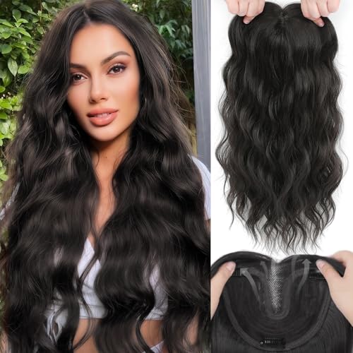 Hair Toppers for Women, 20 Inch Hand Tied Breathable Toppers Hairpieces for Women with Thinning Crown Middle Part Bangs Mix Human Hair Wavy Curly Lightweight Wiglets (Dark Brown, Side Bangs)