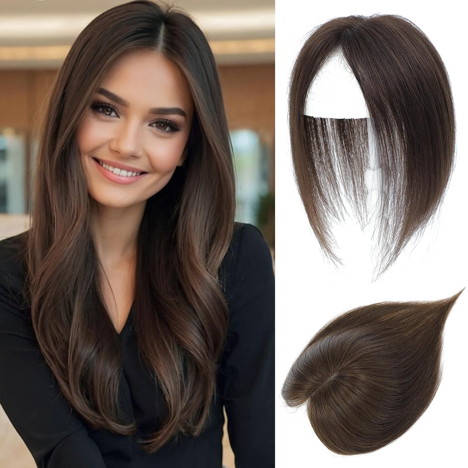 Human Hair Toppers for Women Real Human Hair 7x10CM Swiss Base Hand-Tied Invisible Clip in Topper Hairpieces Wiglet Top HairPieces 10 Inch(Medium Brown)