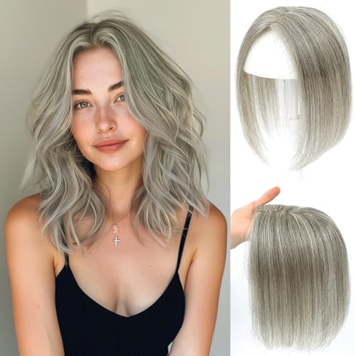 Real Human Hair Toppers for Women No Bangs 7x10CM Swiss Base Hand-Tied Invisible 10 Inch Premium Remy Hair Toppers Adding Extra Hairr Volume Clip in Toppers (Mixed Light Grey)